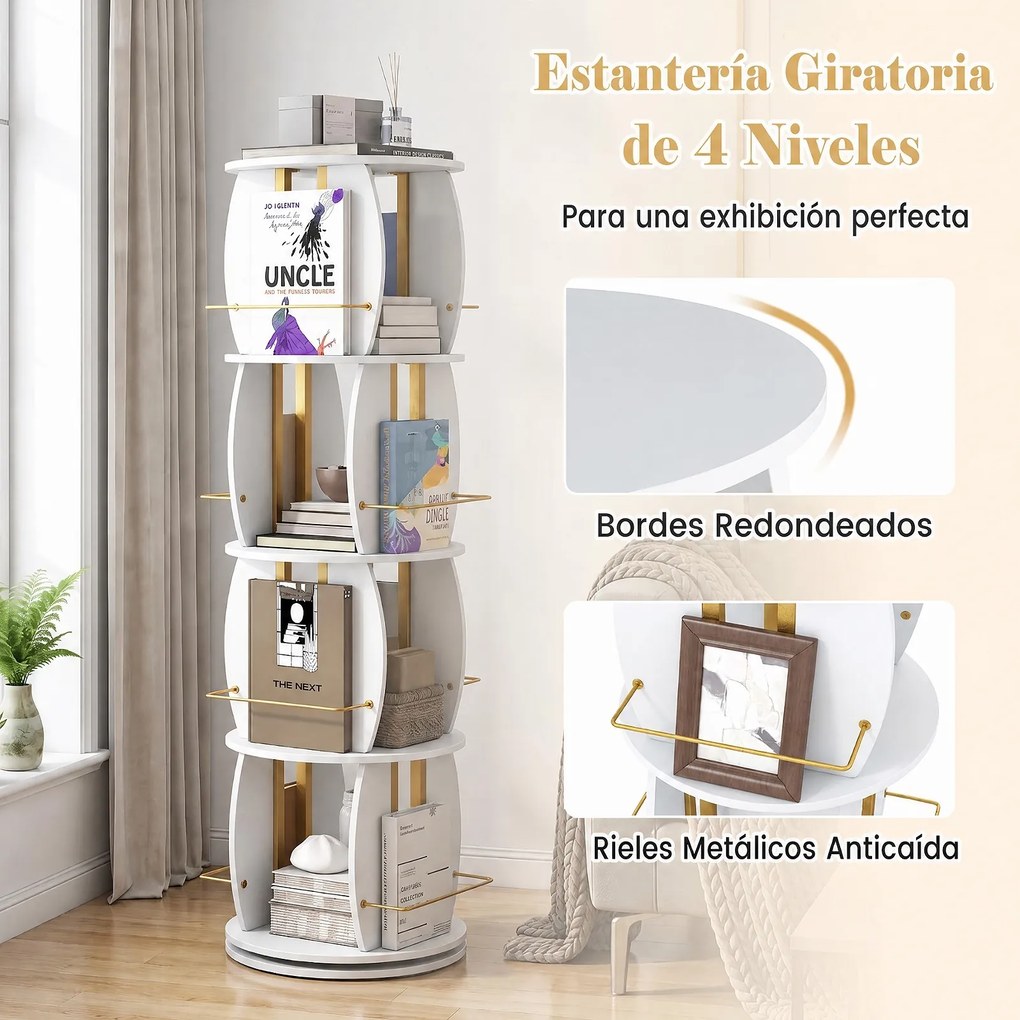 Estante Giratória para Livros de 4 Níveis, 40 x 40 x 128,5 cm, Rotação de 360°, Branco
