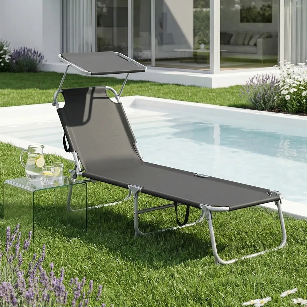 Espreguiçadeira jardim dobrável, com capacidade para 110 kg, com pára-sol ajustável Preto