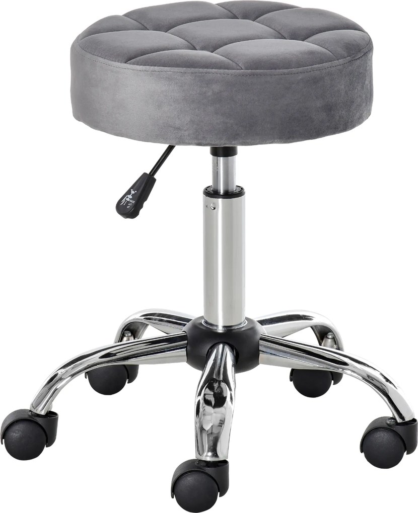 HOMCOM Banco de salão com rodas Banqueta giratória regulável em altura Toque de veludo Espuma Base cromada Cinzento claro 35 x 35 x 49-61 cm | Aosom Portugal