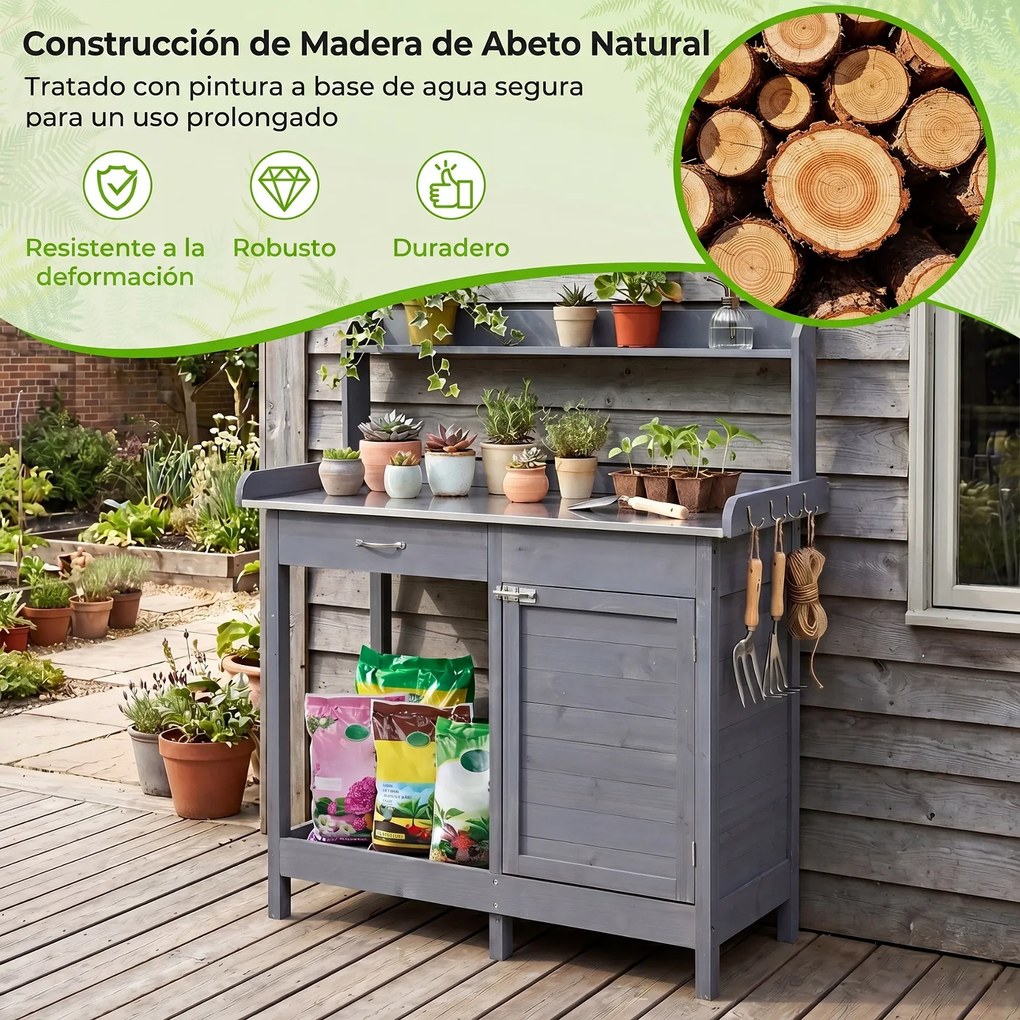 Mesa de Jardinagem, 112 x 46,5 x 125 cm, Tampo em Aço Inoxidável, Cinzento