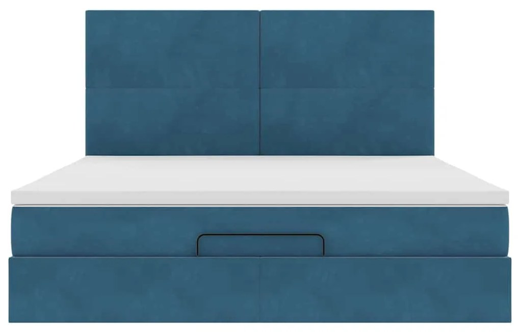 Estrutura de cama otomana com colchão azul escuro veludo