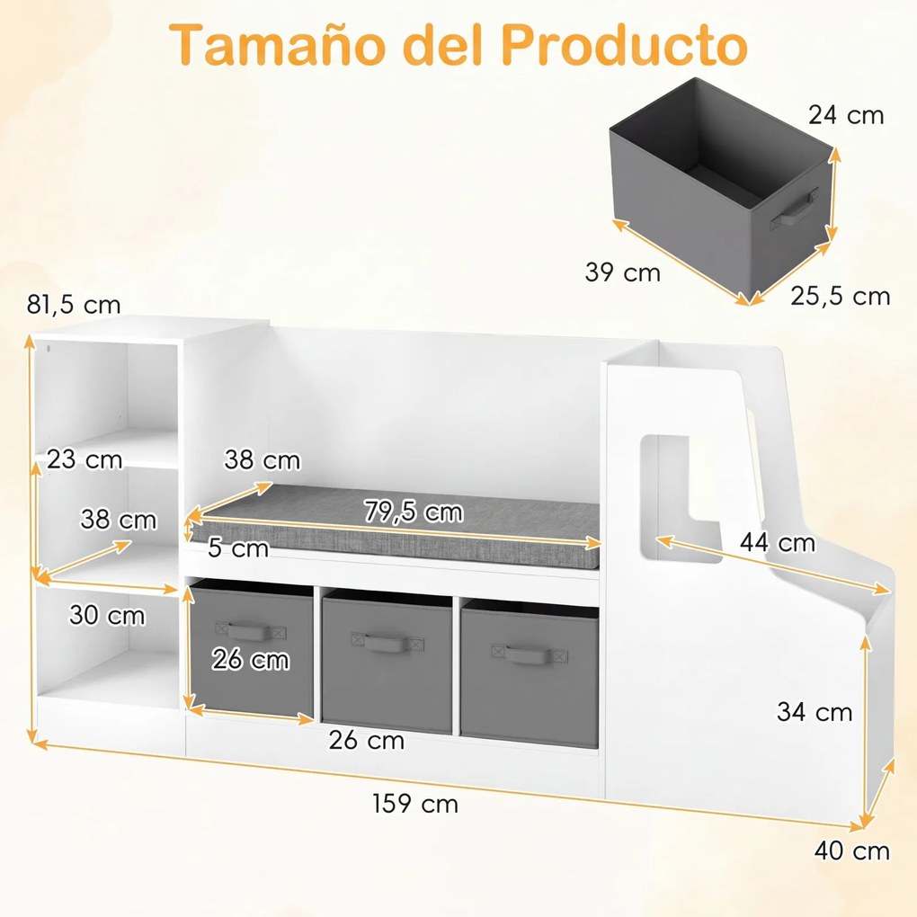 Estante Infantil em Forma de Camião com Assento, 159 x 40 x 81,5 cm, Prateleiras Reguláveis, Branco