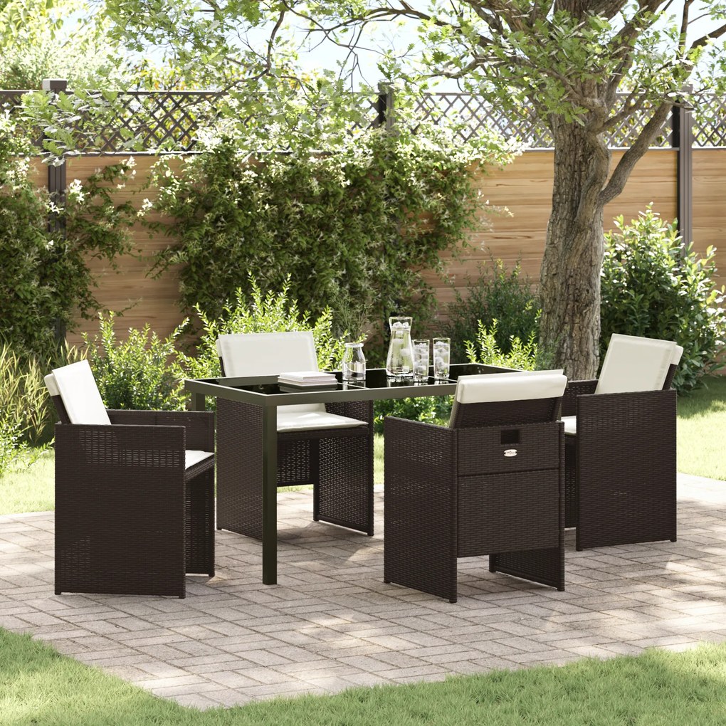 vidaXL Conjunto de Jantar de Jardim 5 Peças com Almofadas Rattan Poliéster Castanho