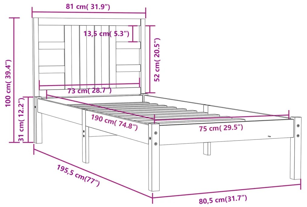Estrutura cama pequena solteiro 75x190 cm madeira maciça preto