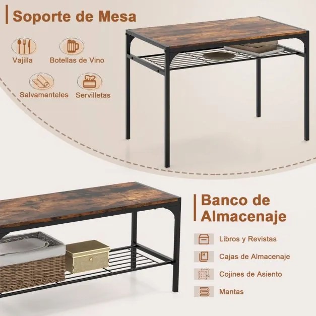Conjunto de mesa de 2 cadeiras e um banco de jantar com estrutura em metal e prateleira moderna, para sala de jantar e cozinha castanho