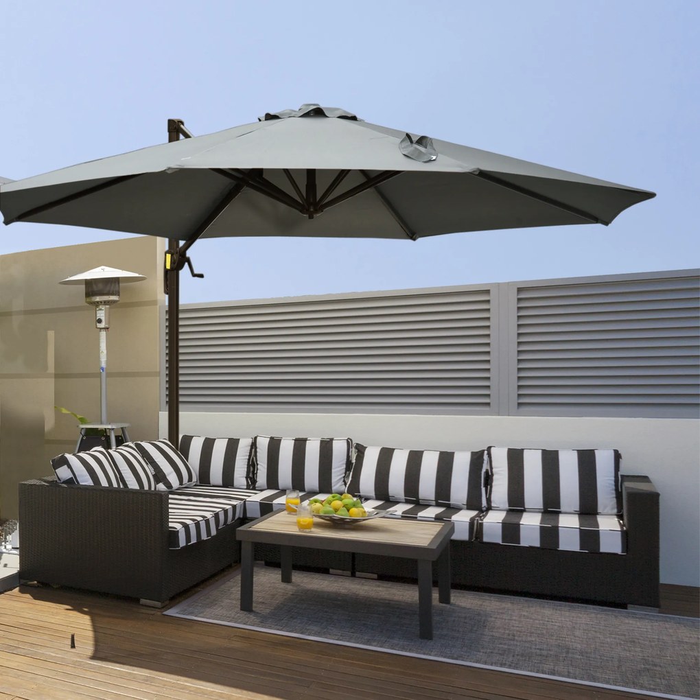 Guarda-sol octogonal inclinável Ø 3 x 2,5 m, com rotação de 360°, base em cruz, 8 cordas, manivela incluída, estrutura em alumínio e aço, cinzento