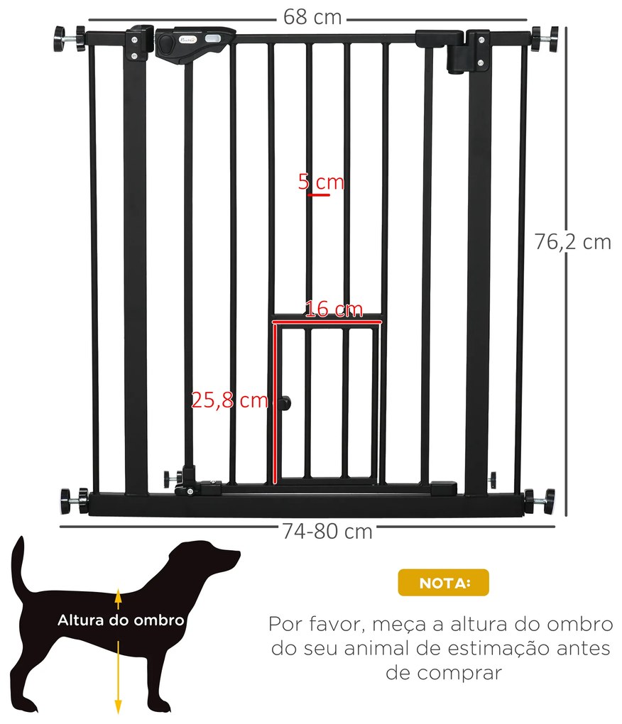 Barreira de Segurança para Animais de Estimação 74-80cm com Porta com Fechamento Automático e Sistema de Duplo Bloqueio Altura 76,2cm Preto