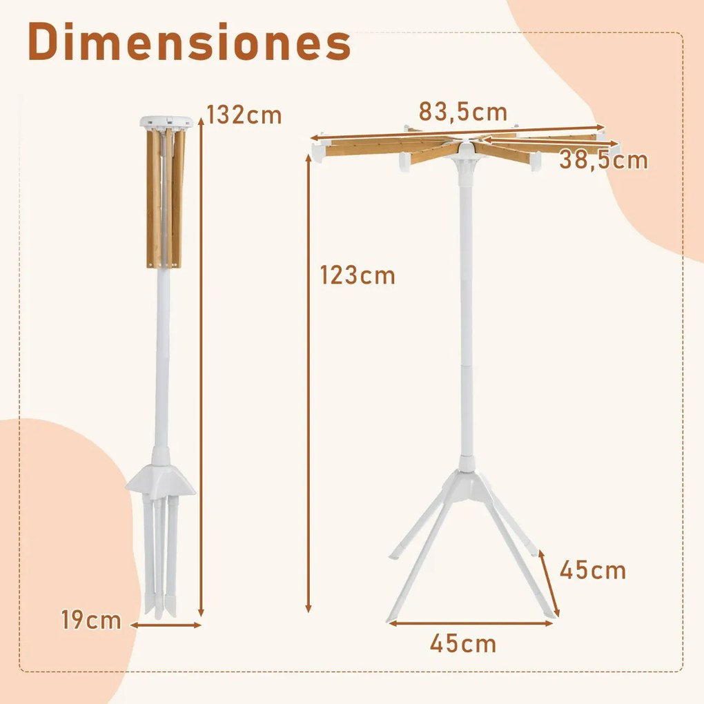 Estendal de roupa com 4 pés dobrável com 8 barras de bambu 40 ranhuras para cabides e estrutura metálica resistente Natural
