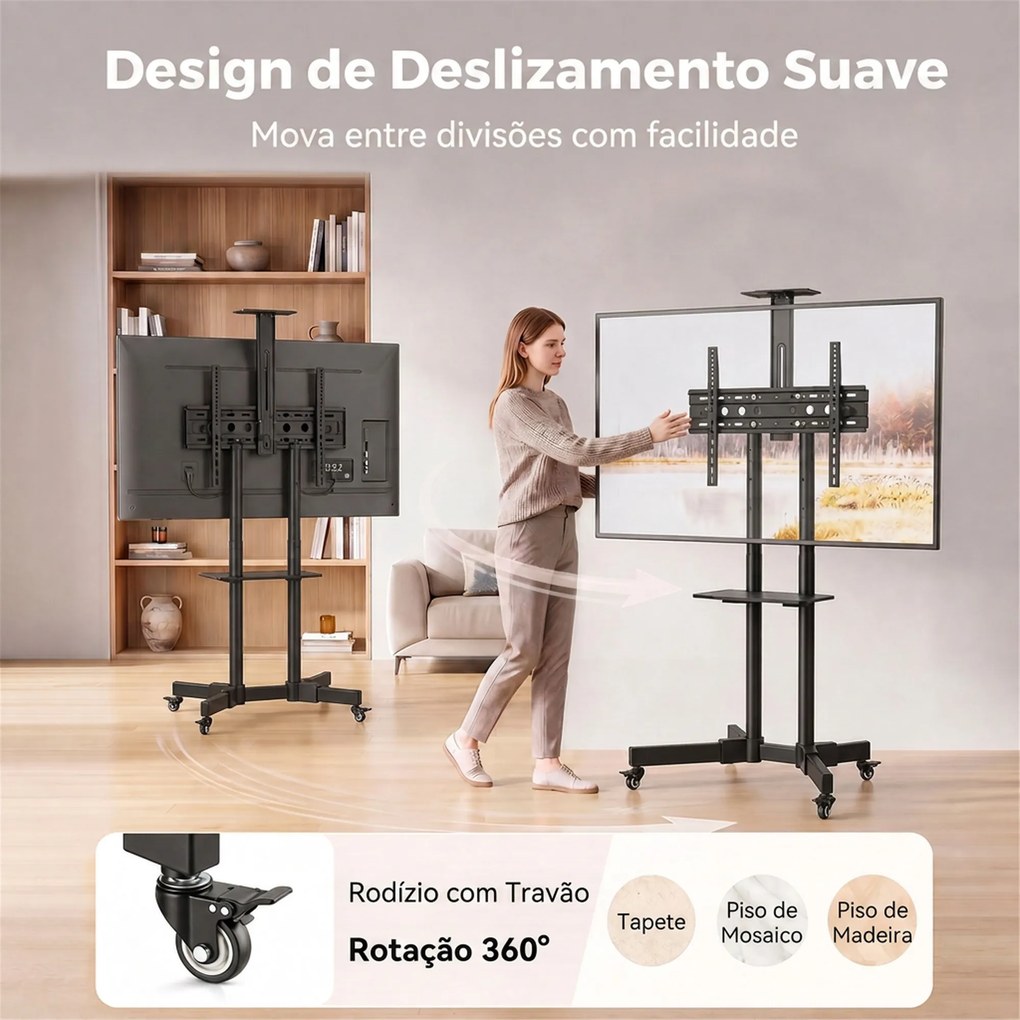 Suporte para TV com Rodas 32"-75" Altura Regulável Inclinação ±15° e 2 Prateleiras Preto