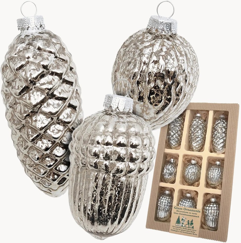 Ornamentos de Natal em vidro antigo pintados à mão Nuts & Cones, conjunto de 9