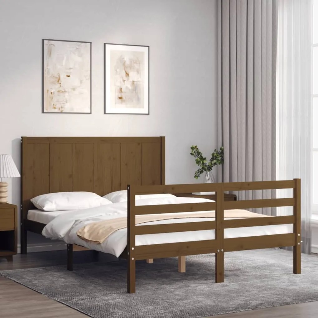 Estrutura de cama dupla pequena 4FT madeira maciça castanho-mel