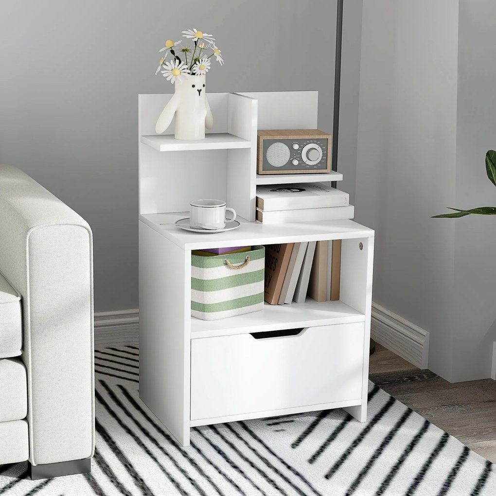 Mesa de Cabeceira de Madeira Moderna com Gaveta e Prateleiras de Armazenamento 45x35x73 cm Branco