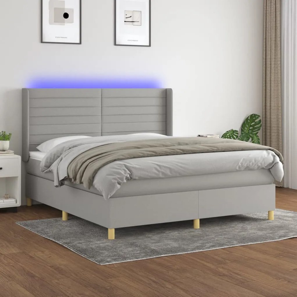 Cama box spring c/ colchão e LED 180x200 cm tecido cinza-claro