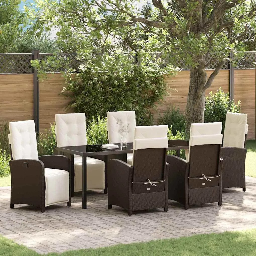 vidaXL Conjunto de Jantar de Jardim com 7 Peças da com Almofadas em Rattan Sintético Castanho