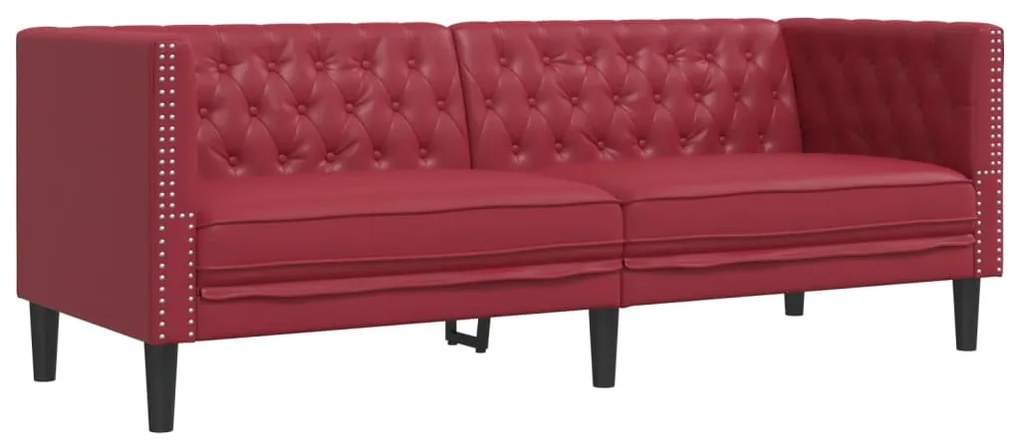 3 pcs conj. de sofás chesterfield couro artif. vermelho tinto