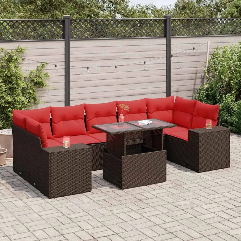 8 pcs conj. sofás jardim c/ almofadões vime PE/acácia castanho