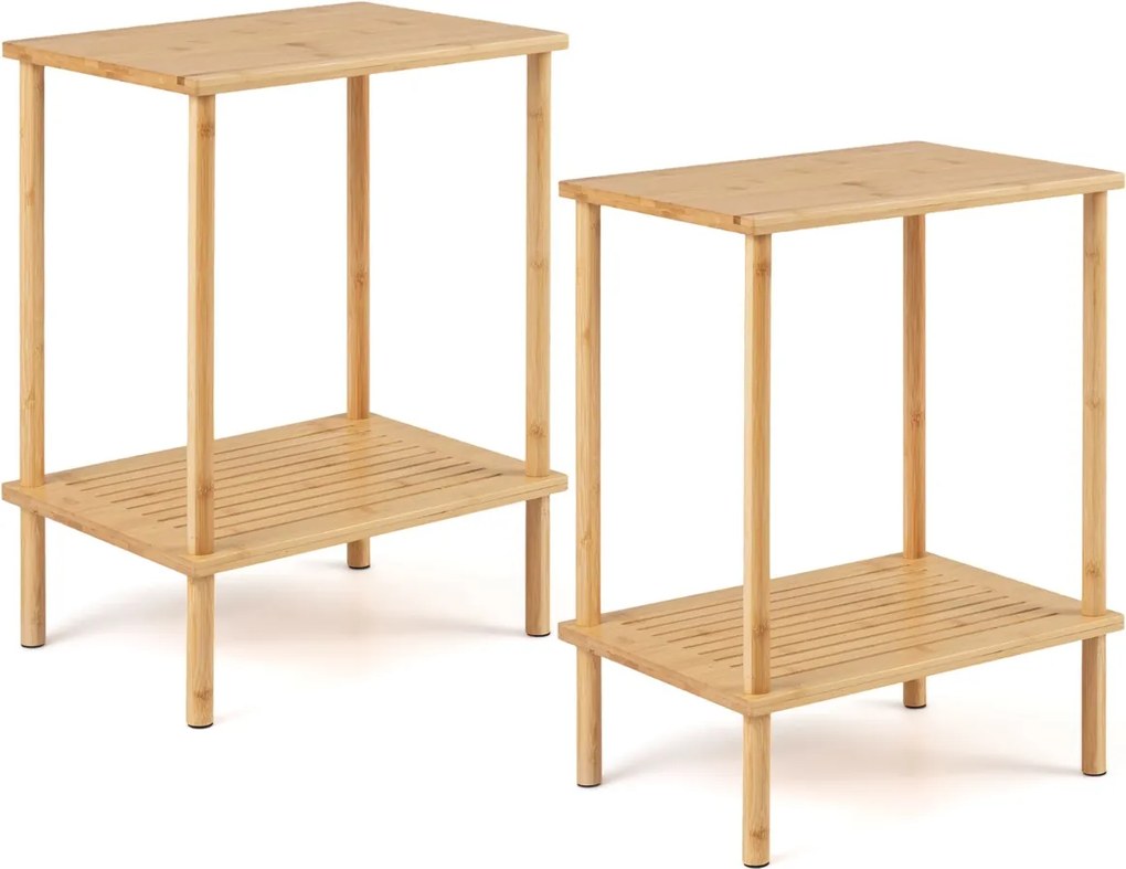 Conjunto de 2 mesas auxiliares de bambu com 2 níveis 40 x 30 x 55 cm e prateleiras de arrumação retangulares para chá e sofá de canto, sala de estar N