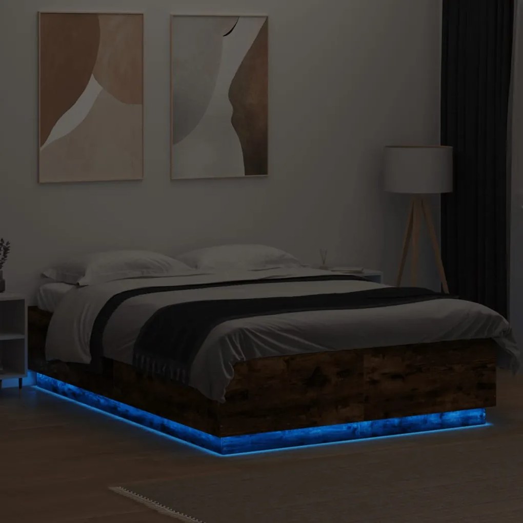 Estrutura cama c/ luzes LED derivados madeira carvalho fumado
