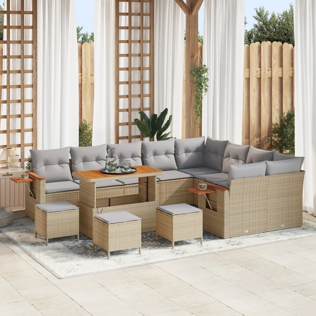 Conjunto de Sofá de Jardim de 13 peças com Almofadas Bege Vime Acácia