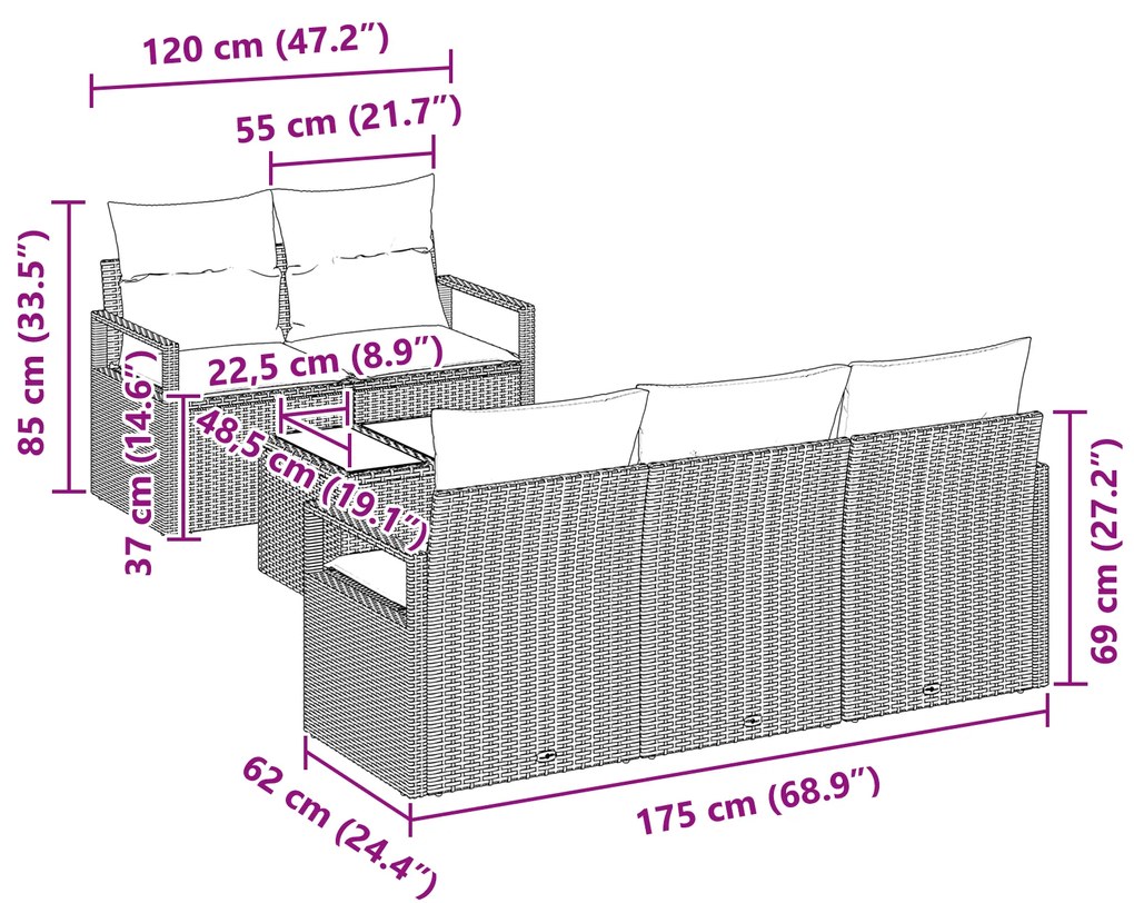 Conjunto de Sofá de Jardim vidaXL de 6 Peças com Almofadas Preto Ratta