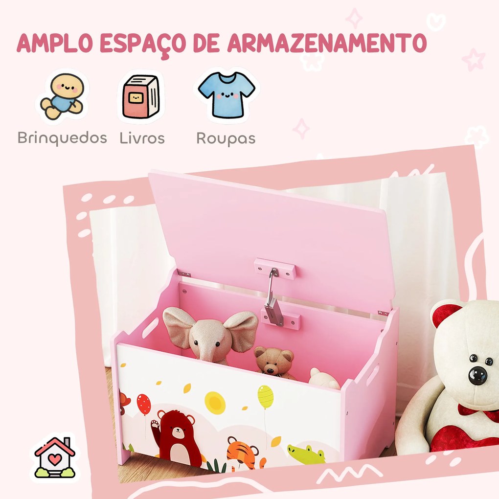 Baú de Brinquedos com Tampa Rebatível Fecho Suave Alças e Estampados de Animais 60x37x39 cm Rosa