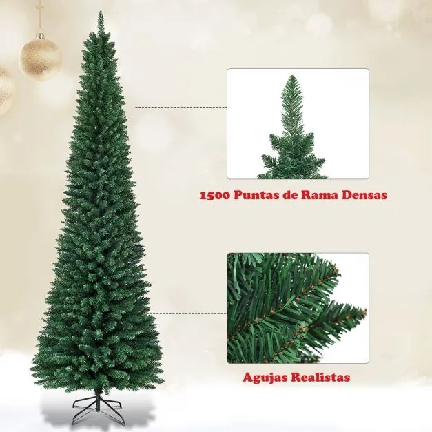 Árvore de Natal Verde de 270 cm 1500 Ramos de Agulhas em PVC Estrutura com Dobradiças e Base de Metal Árvore de Natal Slim Verde