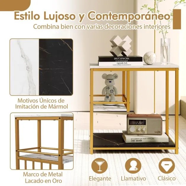 Mesa de apoio de 3 níveis com retangular de luxo com estrutura metálica e imitação mármore branca e dourada