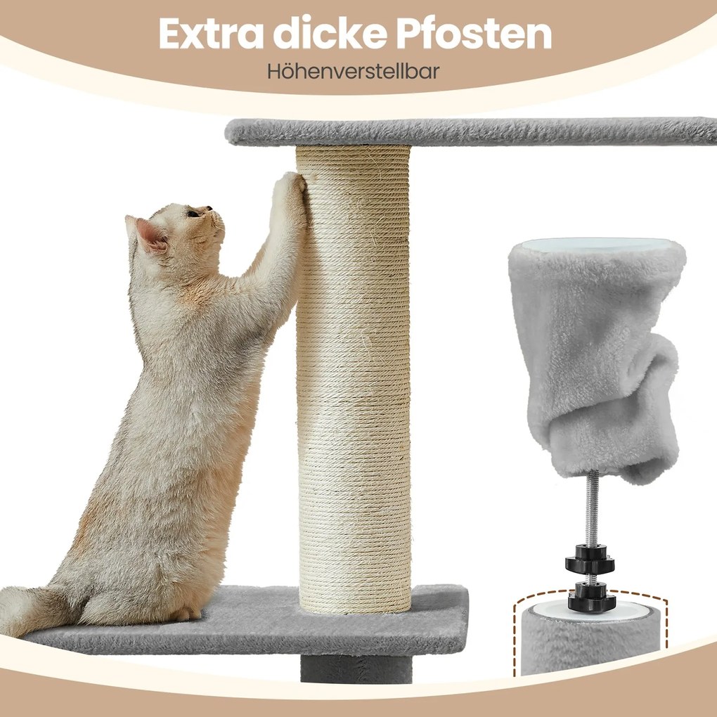 Arranhador para gatos, ajustável em altura, com vários níveis e caverna 70 x 30 x 252 cm cinzento claro
