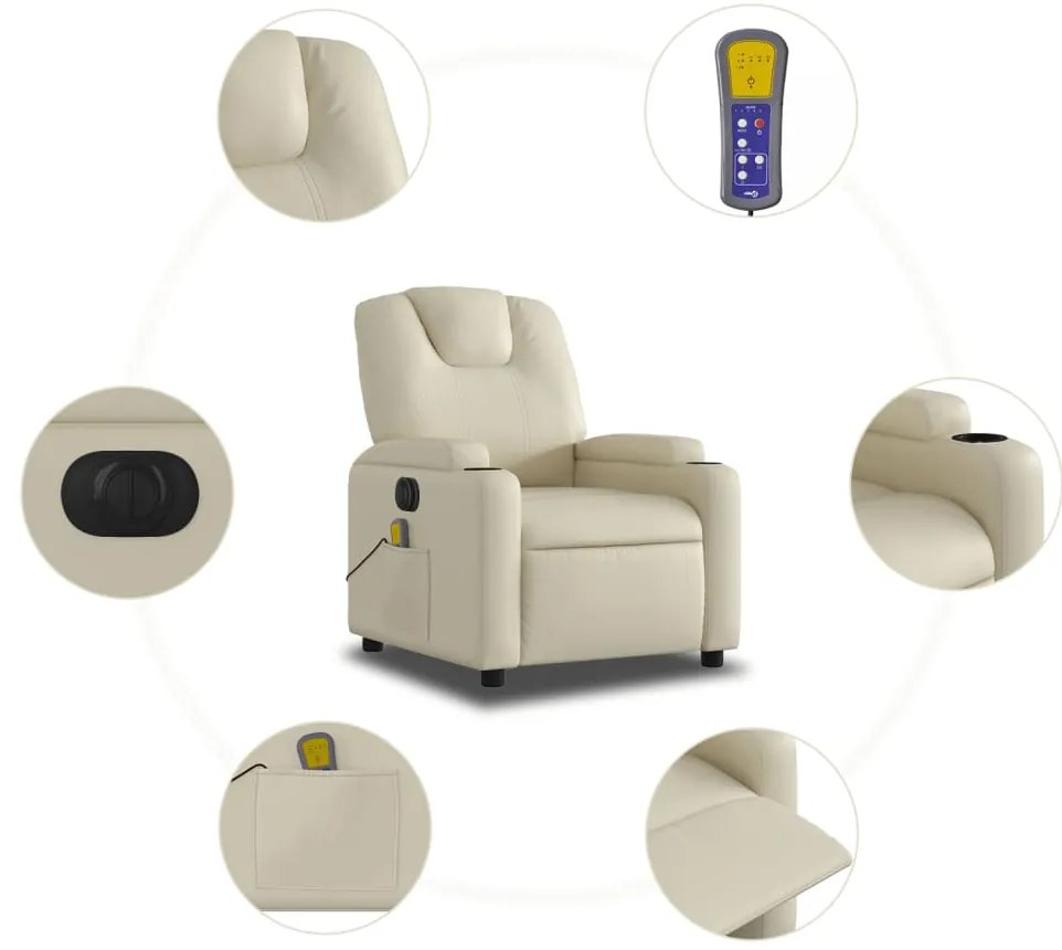 Poltrona massagens reclinável elétrica couro artificial creme
