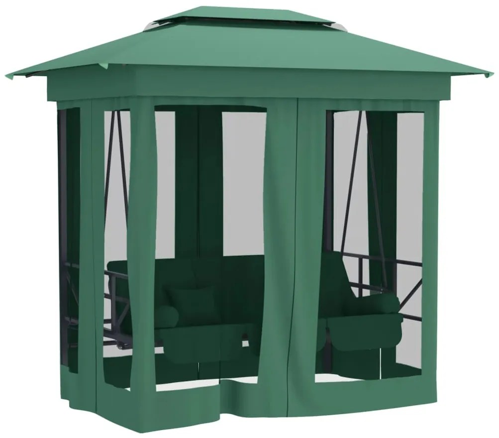 Gazebo de jardim c/ banco baloiço conversível tecido/aço verde