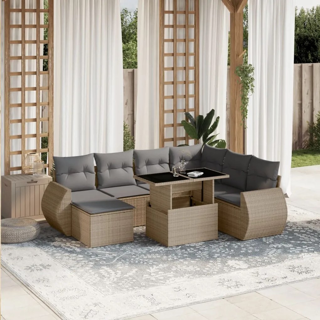 8 pcs conjunto de sofás p/ jardim com almofadões vime PE bege