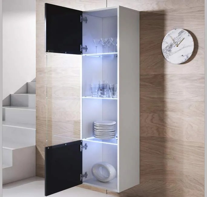 Vitrine Suspensa Lukis – Branco e Preto – 40x29x165 cm – Com LED Azul