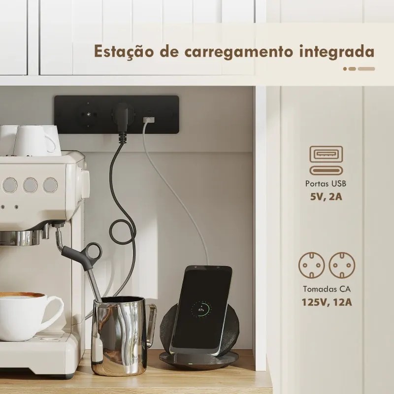 Armário de Cozinha Alto com Estação de Carregamento 6 Portas 1 Gaveta Prateleiras Ajustáveis 4 Prateleiras 100x40x173 cm Branco