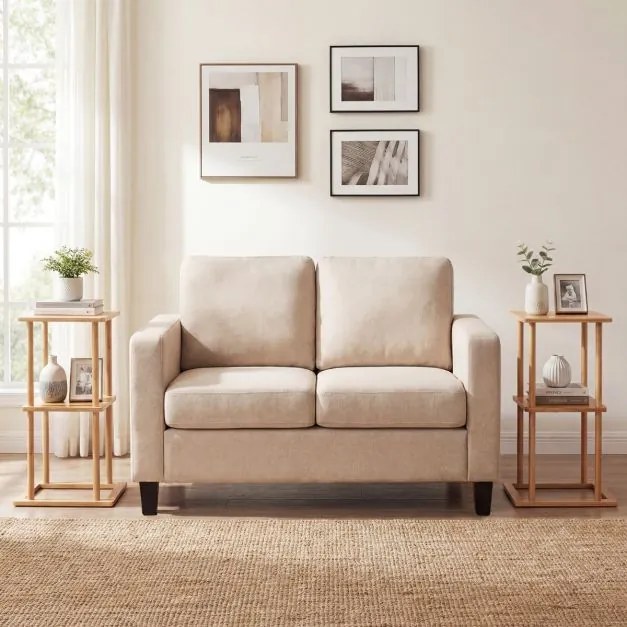 Conjunto de 2 mesas laterais retangulares de bambu 40 x 28 x 65 cm com prateleiras de arrumação para canto de sala de estar ou quarto Natural