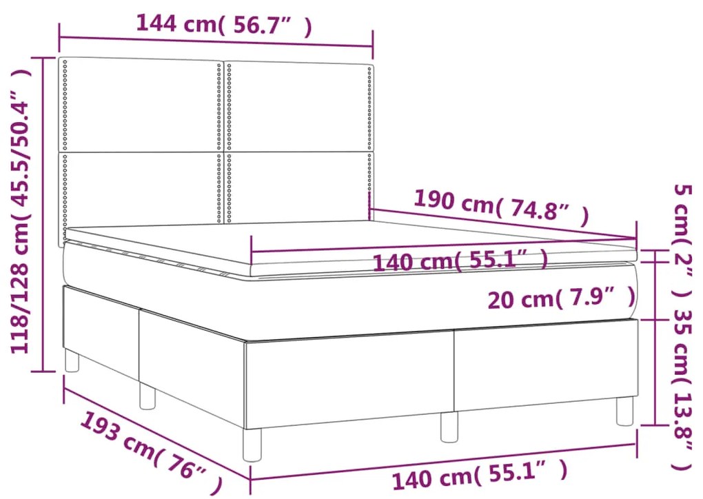 Cama box spring c/ colchão e LED 140x190 cm tecido cinza-claro