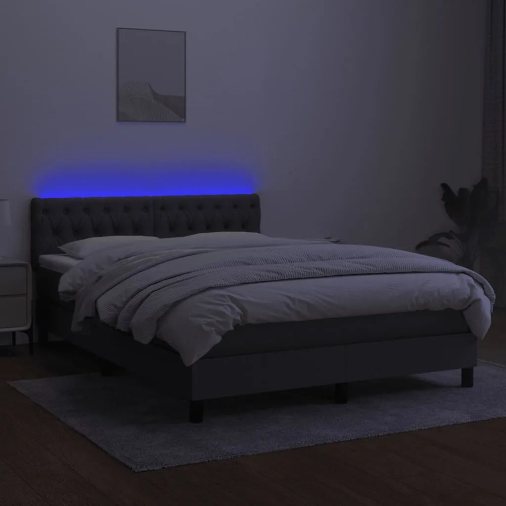 Cama box spring c/ colchão e LED 140x200 cm tecido cinza-escuro