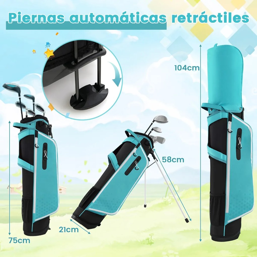 Conjunto de tacos de golfe para crianças dos 11 aos 13 anos, incluindo saco de apoio com capuz para chuva Driver n.º 1 Híbrido n.º 5 Ferros e Putter n