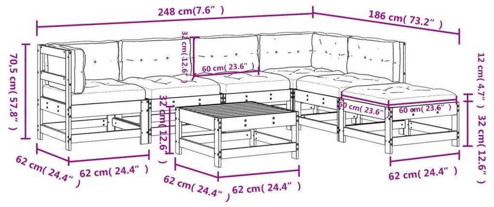 7 pcs conjunto lounge de jardim c/ almofadões pinho impregnado
