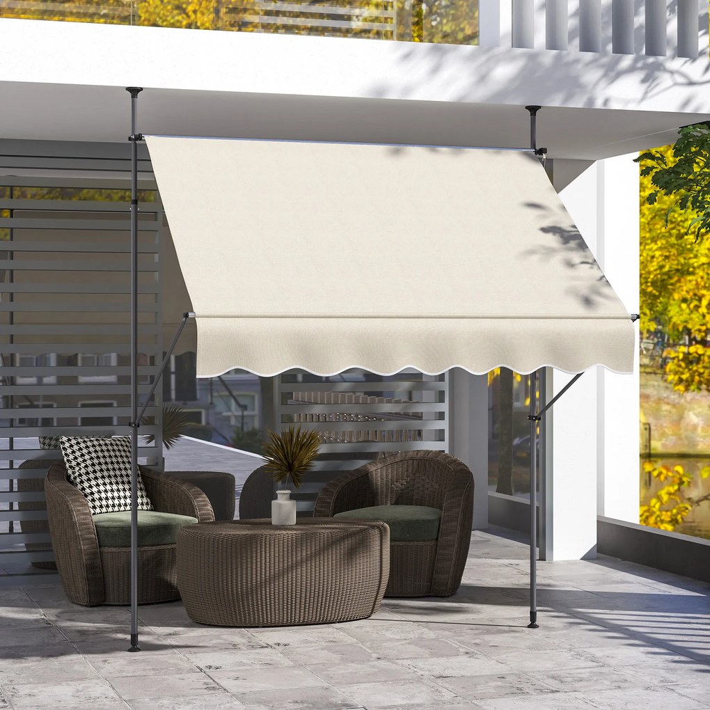 Toldo retrátil manual autoportante, 2,0 m (L) x 1,2 m (P) x 2,1–3,0 m (A), inclinação ajustável, metal, alumínio, poliéster, cor areia