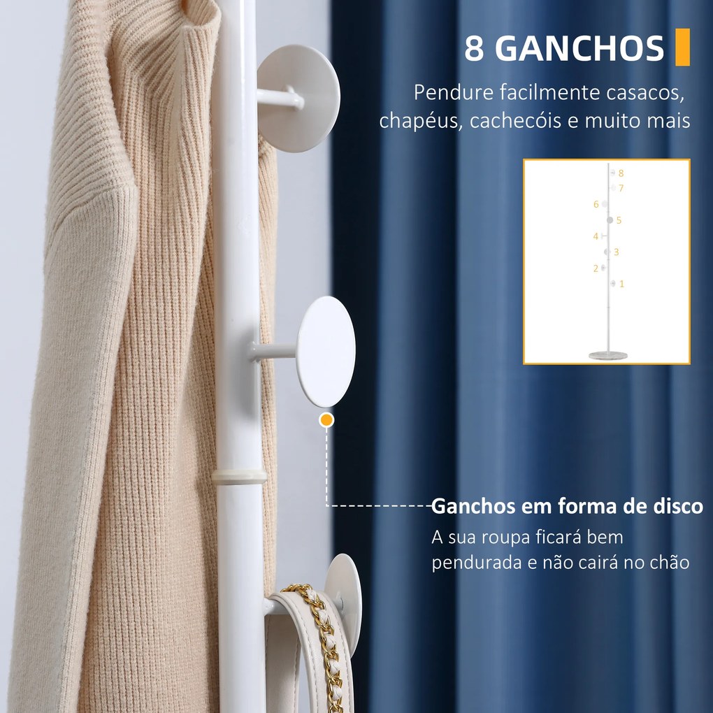 HOMCOM Cabideiro de Pé Cabideiro para Roupas com 8 Ganchos para Pendurar Bolsas Chapéus com Base de Mármore para Dormitório Corredor Entrada 35x35x170cm Branco