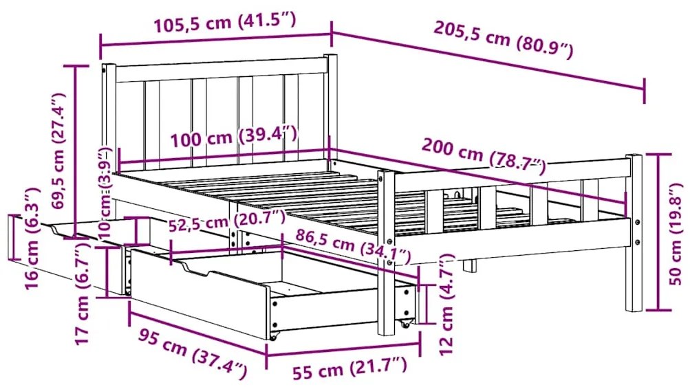 Cama sem colchão 100x200 cm madeira de pinho maciça