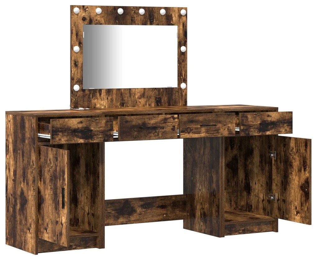 Conjunto de Mesa de Maquilhagem de 3 Peças com LED em Carvalhos Escuro