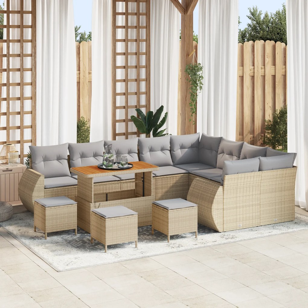 Conjunto de Sofá de Jardim com Almofadas de 13 Peças Bege Rattan Polié
