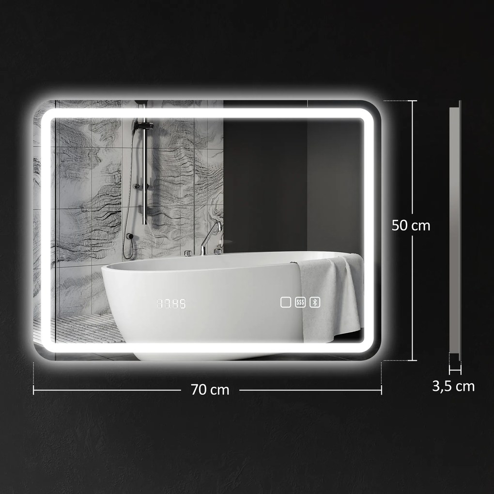 Espelho de Casa de Banho com Luz LED 70x50 cm Bluetooth 3 Cores de Luz Relógio Digital Função Antiembaciamento Memória Prata