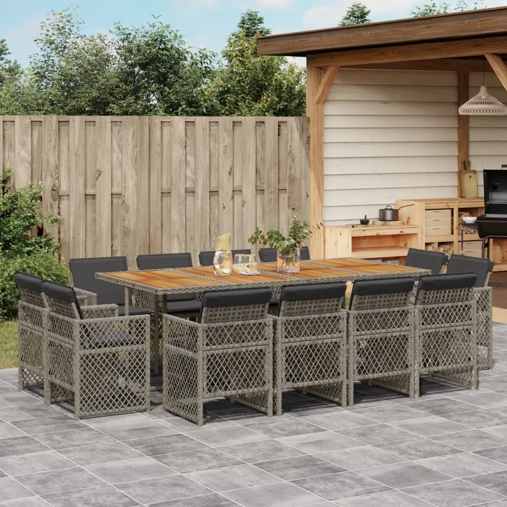 vidaXL 13 pcs conjunto jantar p/ jardim c/ almofadões vime PE cinzento
