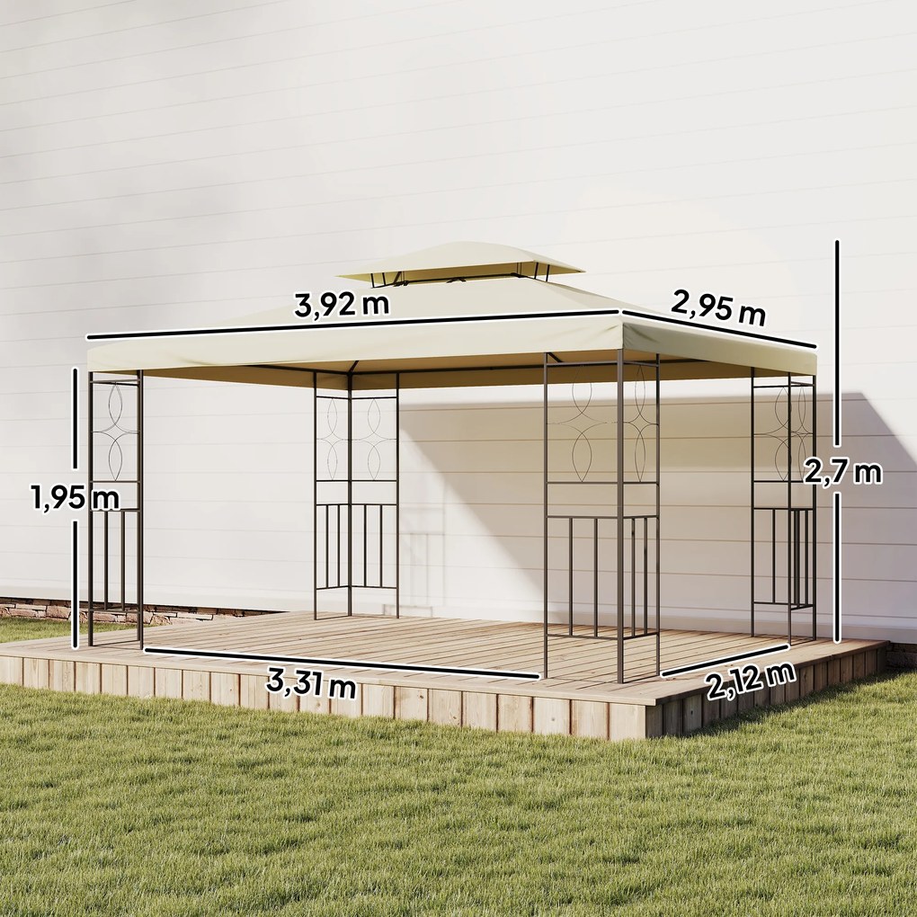 Pérgola de Jardim 4x3 m com Telhado Duplo Estrutura de Aço Anti-UV para Exterior Terraço Pátio Branco Creme