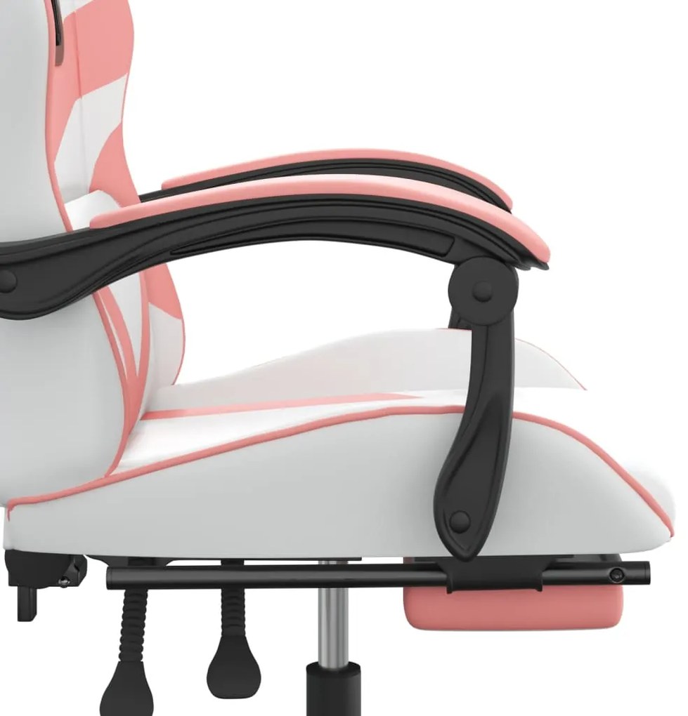 Cadeira gaming giratória c/ apoio pés couro artif. branco/rosa