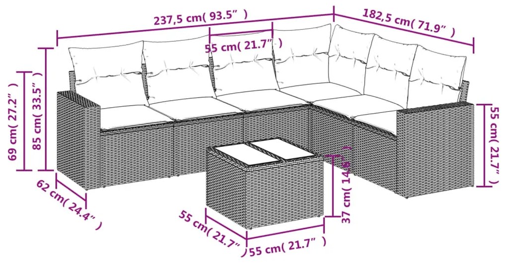 7 pcs conjunto de sofás p/ jardim com almofadões vime PE bege