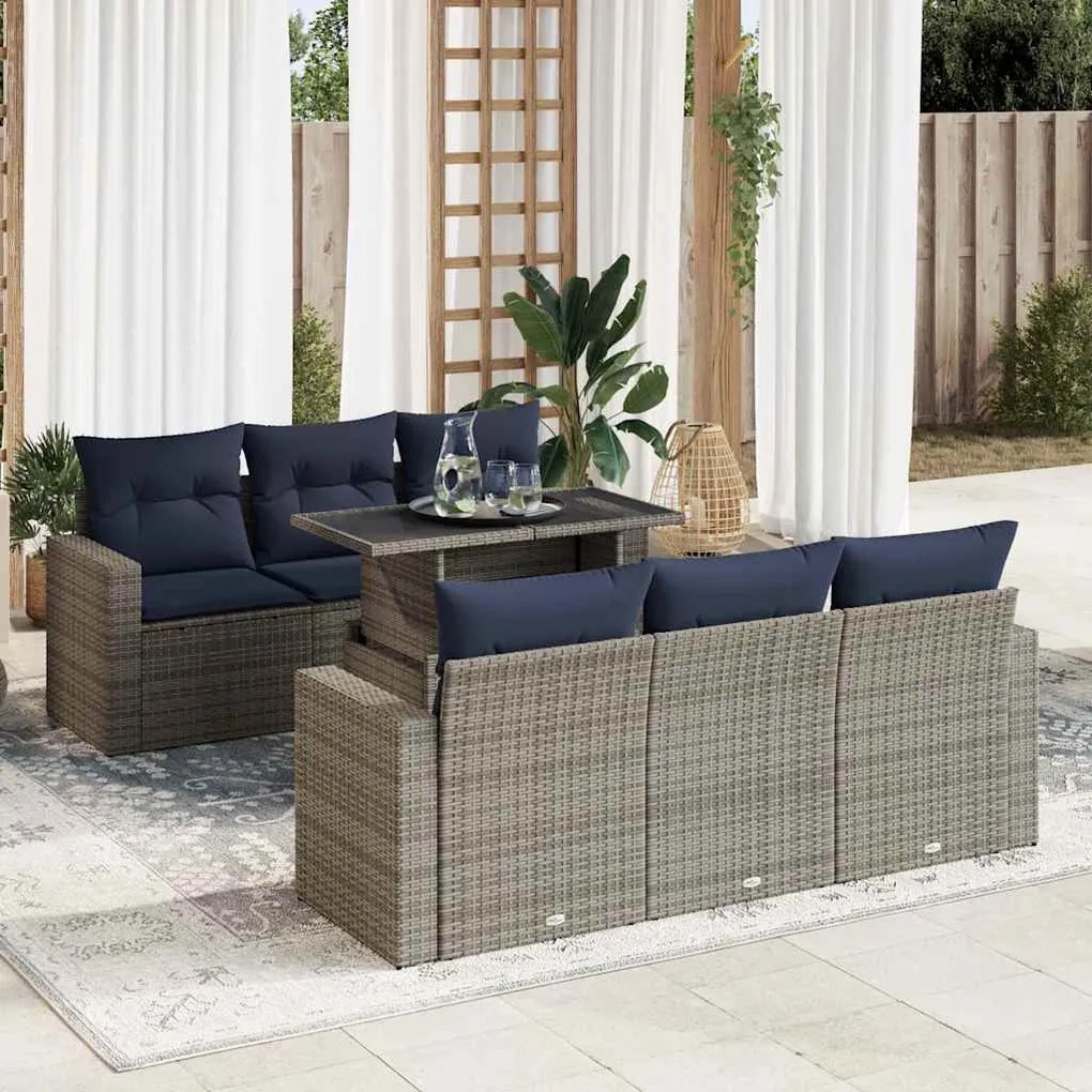 7 pcs conjunto sofás jardim almofadões vime PE/acácia cinzento