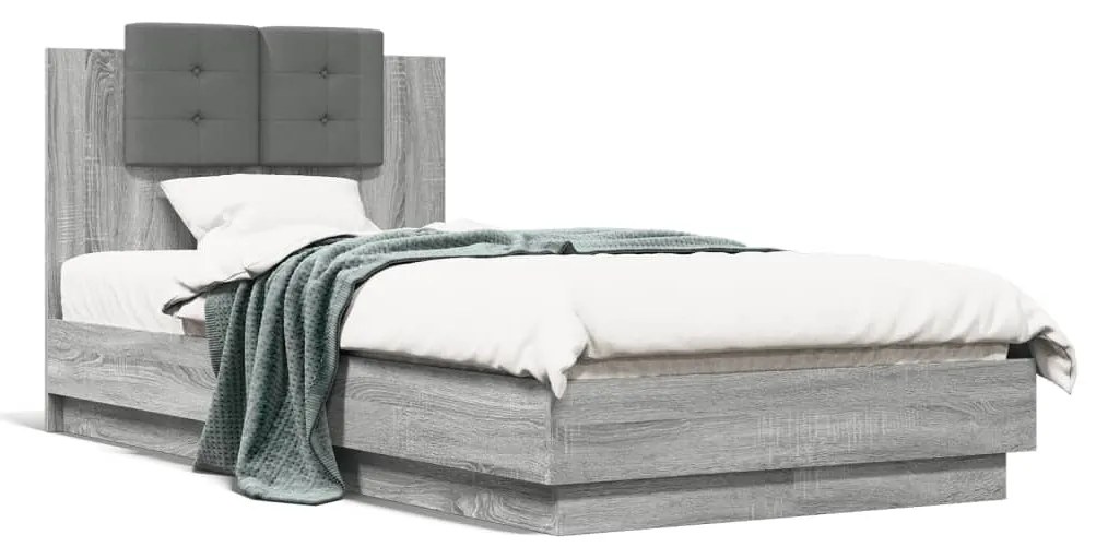 vidaXL Estrutura de cama c/ cabeceira/luzes LED 75x190 cm cinza sonoma